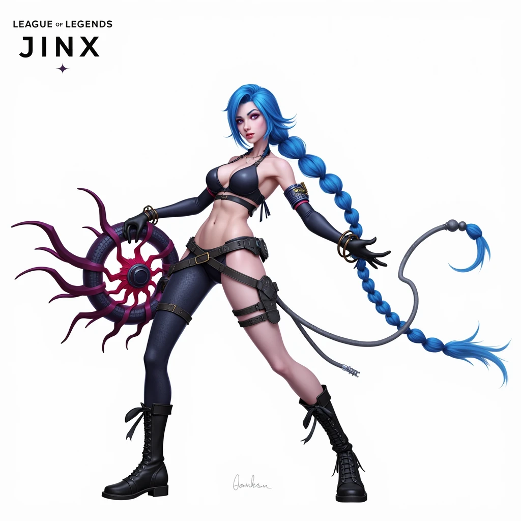 A (((full-body))), ((ultra-detailed)), ((masterpiece)) fantasy art ((illustration)) of (((Jinx))), a ((League of Legends)) character, in the style of the video game. She is a beautiful, young, female (((human))) with long, braided blue hair and violet eyes. She has exquisite caucasian features and ((very pale)) ((milky-white skin)). She has a ((very slim body)), with a tiny waist and ((skinny limbs)), but her ((breasts are enormous and round)), and they look far too big for her slender little body.  She is wearing a very skimpy outfit, revealing ((massive cleavage)), exposing her midriff, and leaving her ((very thin thighs)) completely bare. Her porcelain skin is shiny with a ((sheen of sweat)).  She is on standing in a provocative pose that shows off her ((skinny thighs)) and ((huge breasts)) as well as her bare feet. Her (((whole body from head to toe))) is shown.