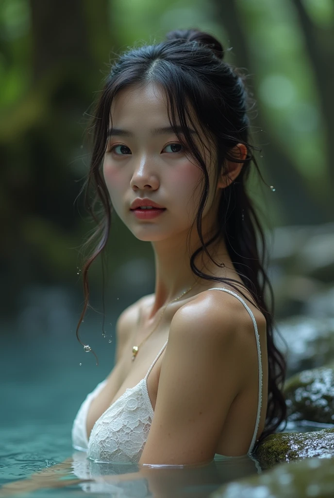 Best quality, masterpiece, super high resolution, a super model soaking in a hot spring in Japan, outdoor hot spring, stone hot spring, surrounded by moss and trees, super beautiful face, pure body, clear pores visible, (smile:0.8), wearing split (lace bandeau:1.2), (realism:1.5), original photo, soaked body, covered in sweat, bare shoulders, in the dark, deep shadows, low-key, cold light