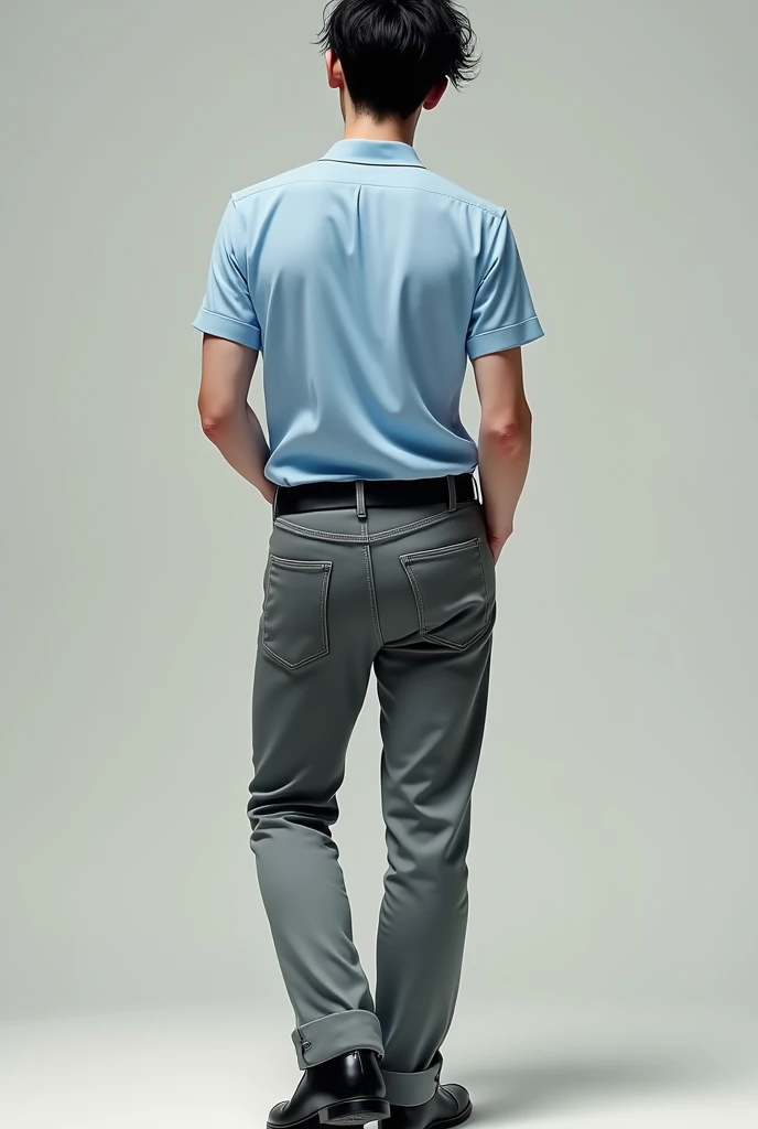 Make me a picture of a pale-skinned test man, that is, white, with jet-black hair stuck together and a polo shirt, almost light blue, A slightly loose gray jean and black dress shoes that can be seen from behind and with his hands in his pockets 