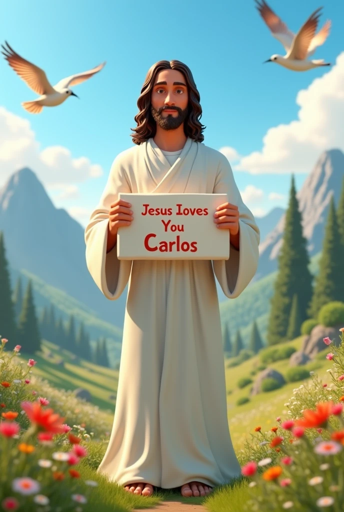 Create an image of Jesus from the biblical story, with a white dress.
Holding a sign, written Jesus loves you Carlos In the background mountains flowers and birds.
disney pixar style 3d