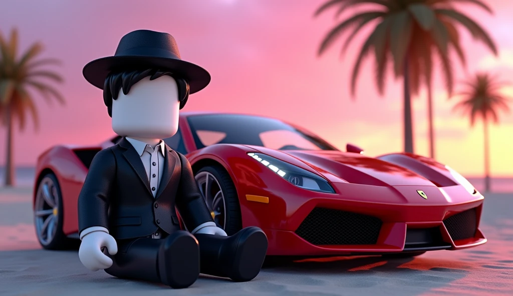 Beautiful square Roblox male doll, wearing mobster clothes with black hair and hat sitting or leaning on a Ferrari or luxury and millionaire car, white skin, no mouth and beautiful body, cartoon, Vice City GTA, background of a beach with palm trees and pink sky