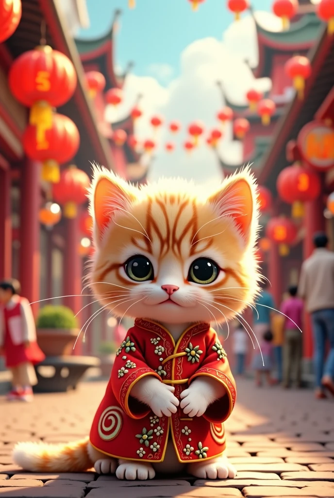 kitten cute Chinese clothing Chinatown background Real