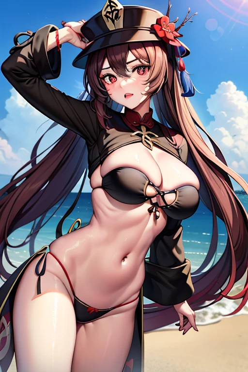 2d, masterpiece, The best quality, anime big breast, very detailed eye, Very detailed face, very detailed background, perfect lighting, cowboy lens, 1 girl, Alone, standing on your feet, next to the beach,bikini style,huge tits,hutao\(genshin impact\), students in symbol forms, flower-shaped pupils, Hats, Red flower, Red eyes, SakuraNS,