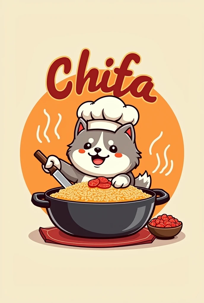 The logo of a chifa has “Chifa Jadhira” written on it and has the image of a cute Siberian dog in a pot full of fried rice with a chef's hat and a knife in her hand wanting to cut her own meat to put it in the pot.