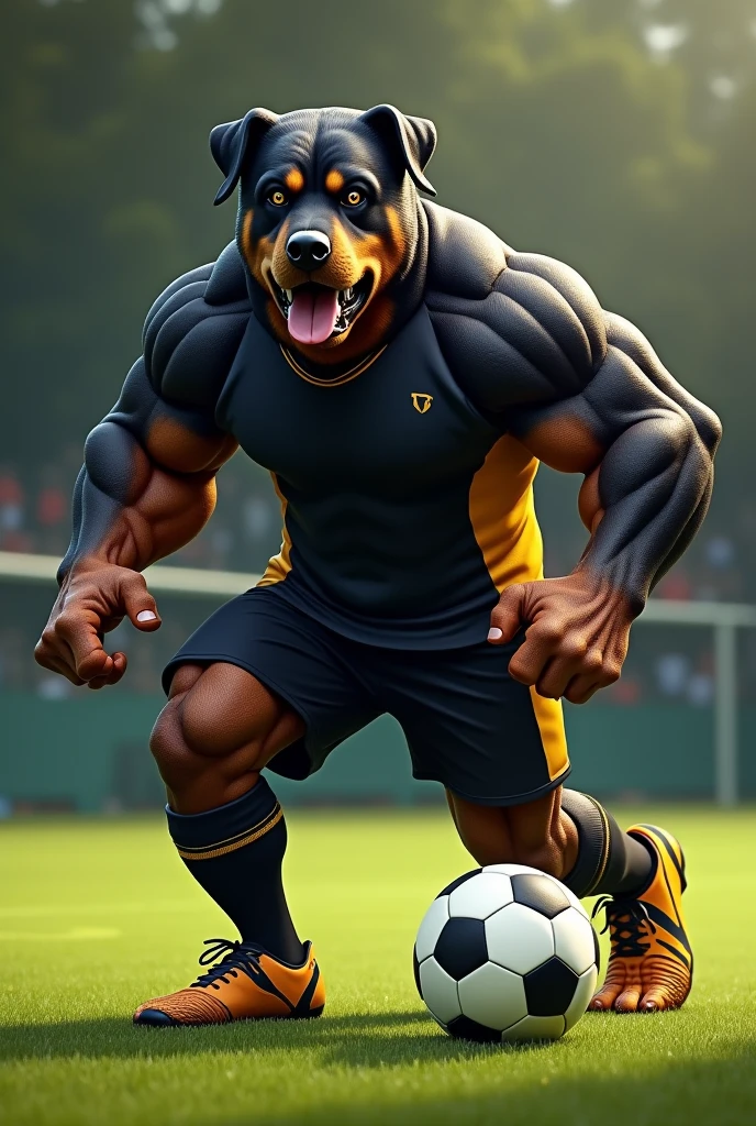 A muscular Rottweiler with soccer cleats as a mascot for a soccer team in a black and gold uniform with a ball at its feet 
