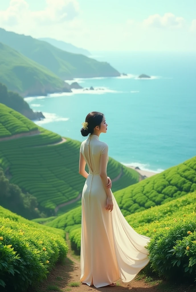 Vietnamese Ao Dai with the theme of tea hills by the sea