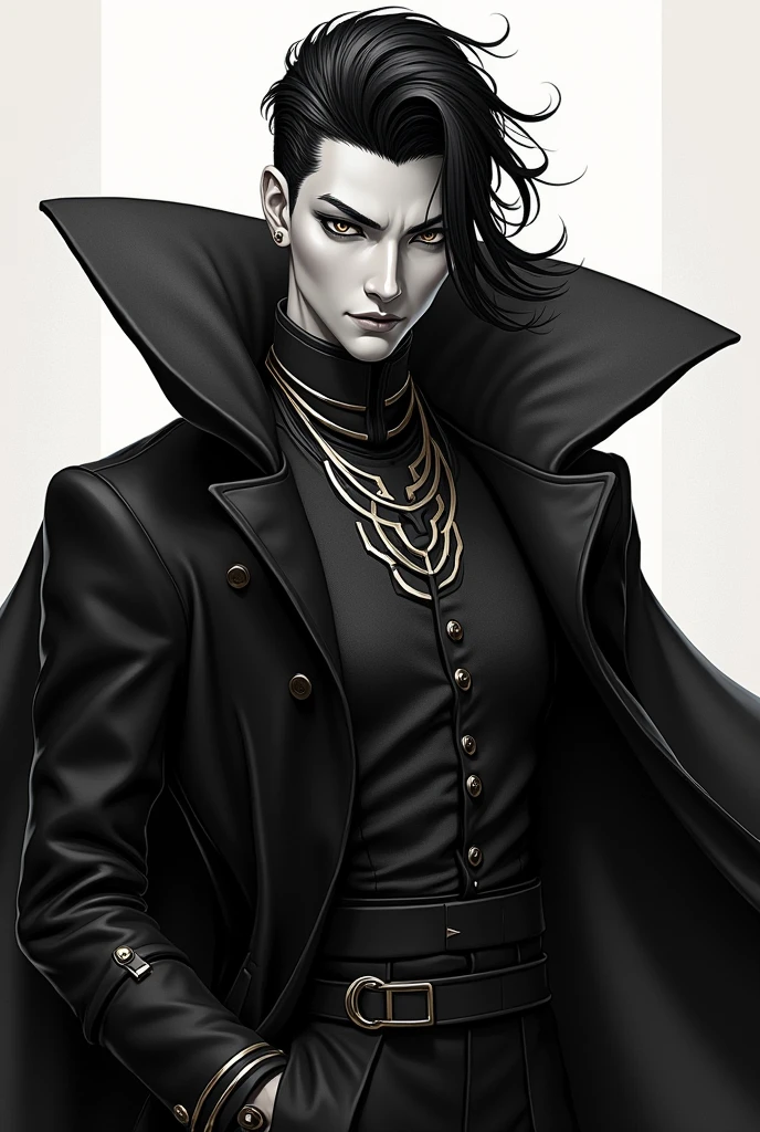 Make a Jojo inspired character with Korean hair with a superior look ,I want the black and white image