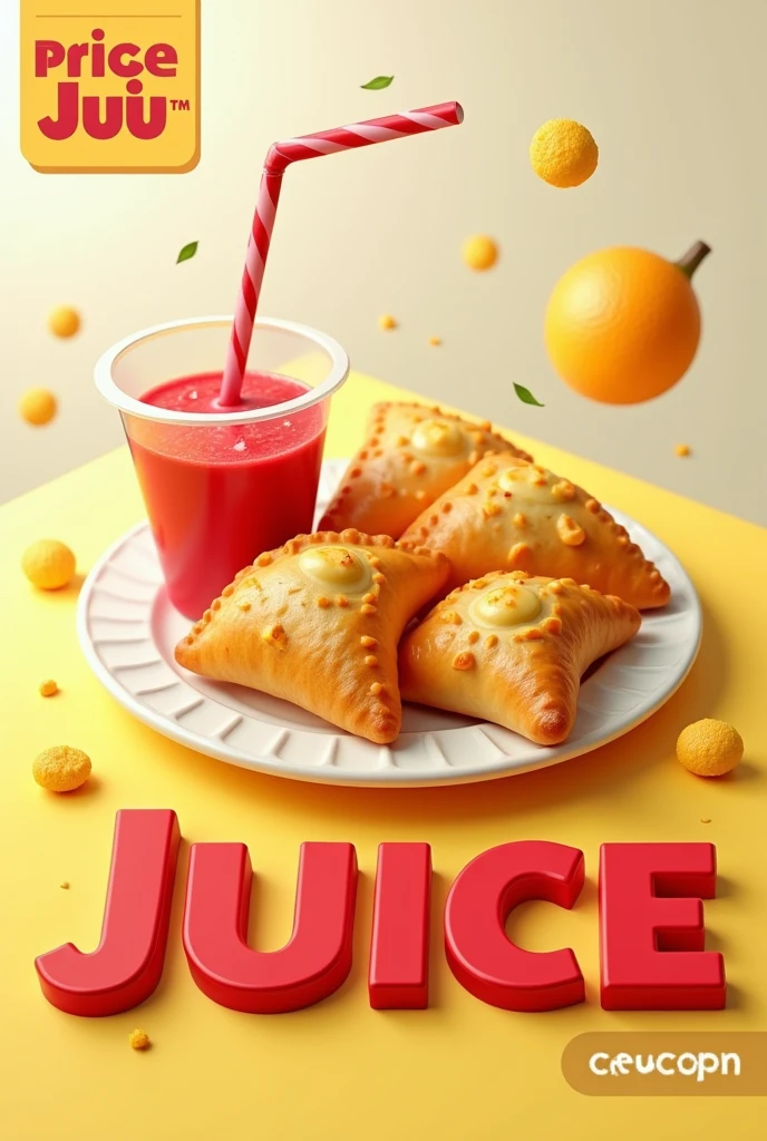 Make a poster with the phrase empanadas plus juice, put the value which is r$ 10 somewhere in the image put third and write 3D count the value which is r$ 10 be well centered in the middle and the image should have several little pies but the juice Write TERCEIRÃO 3D in Everything in Portuguese