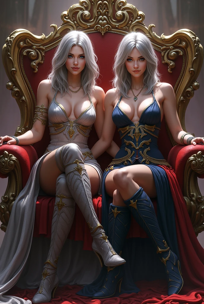 A 2 woman with shoulder length silver hair and blue eyes ,charmer smile, shapely body, warrior look ,SITTING ON A THRONE