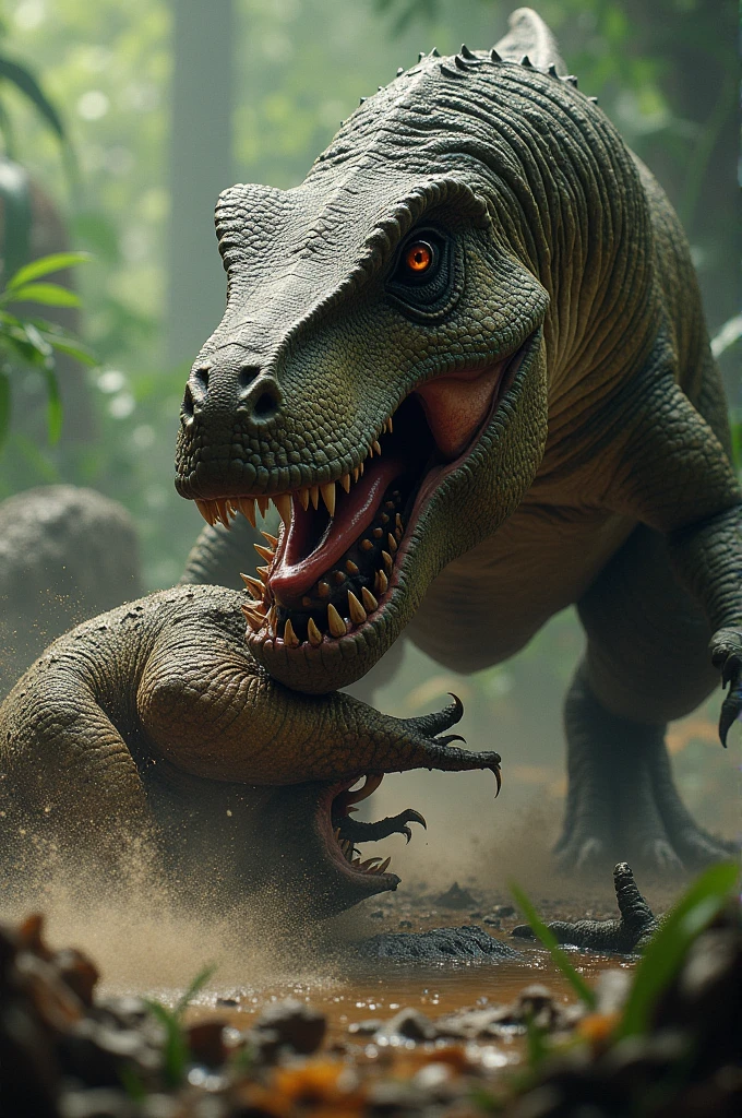 A dinosaur biting another dinosaur 