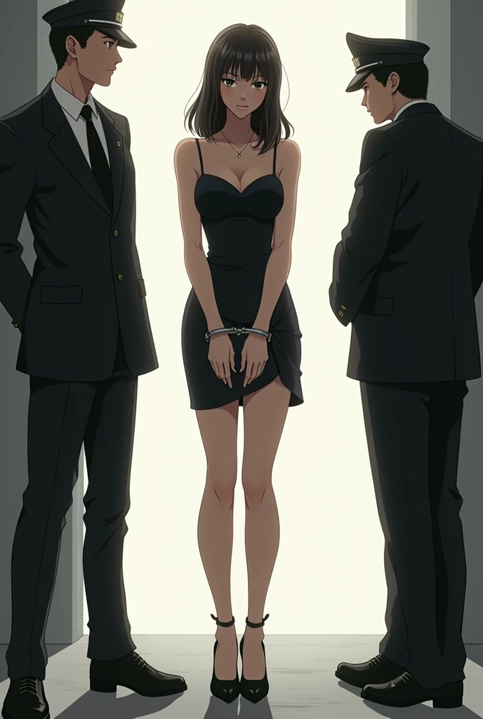 adult girl wearing evening dress, high heels and make up in police handcuffs under arrest while standing on spreaded legs, anime