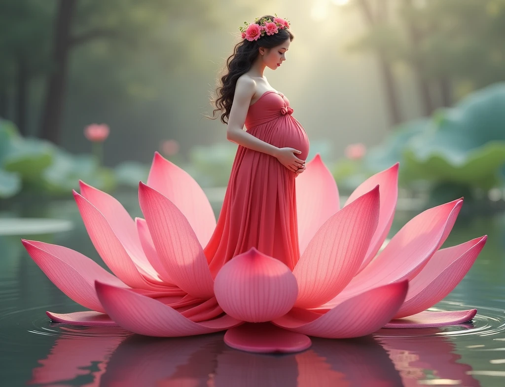 pregnant woman in red dress standing on a pink flower in water, digital art by Matt Stewart, cgsociety contest winner, digital art, standing gracefully upon a lotus, standing on a lotus, pink lotus queen, sitting on a lotus flower, lotus, lotus petals, maternal photography 4 k, lotus floral crown girl, with lotus flowers, lotus flower, lotus flowers