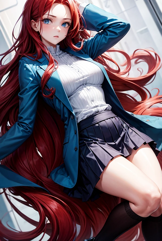 Girl with long red hair with waves, blue eyes, medium breasts, slim waist Long jacket and skirt