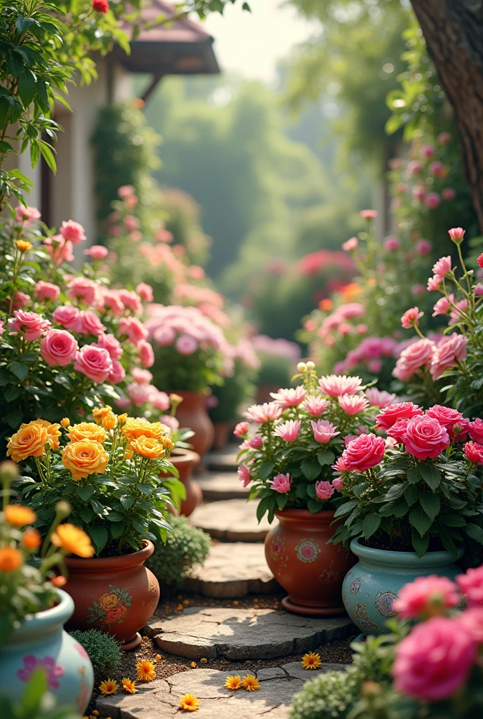 Flower garden in pots text by Rosita flowers