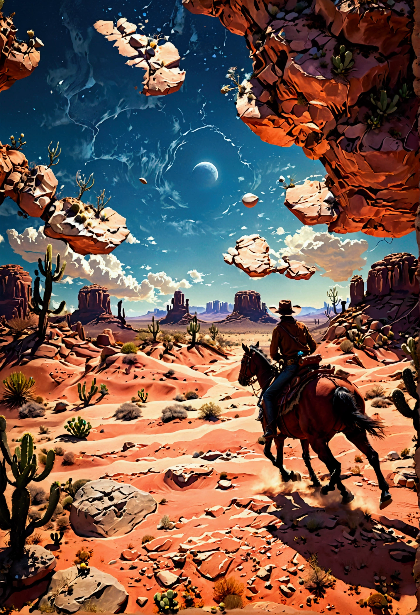 The camera pulls back to reveal the outskirts of the town, where the desert stretches endlessly. Floating rocks drift lazily above the cracked, dry ground, while glowing cacti cast eerie shadows. A lone cowboy rides into the distance on a biomechanical horse, the scene bathed in the soft light of two moons hanging low in the sky.
