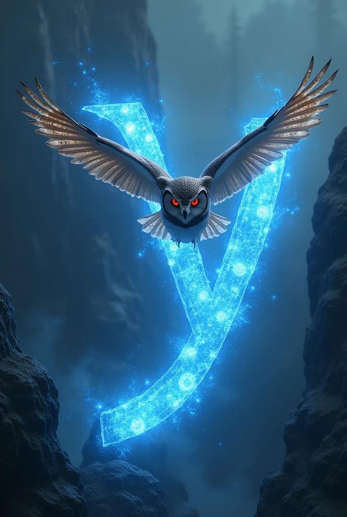 A red-eyed owl, flying over the petrified letter Y of blue fire