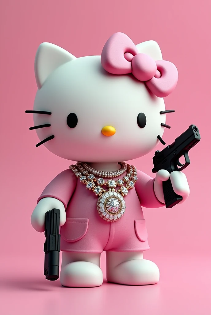 (Hello Kitty white) (3D format) (empty pink background) She has some diamond Cubans on her neck, In one hand he holds a black Glock, In the other hand he has a revolver