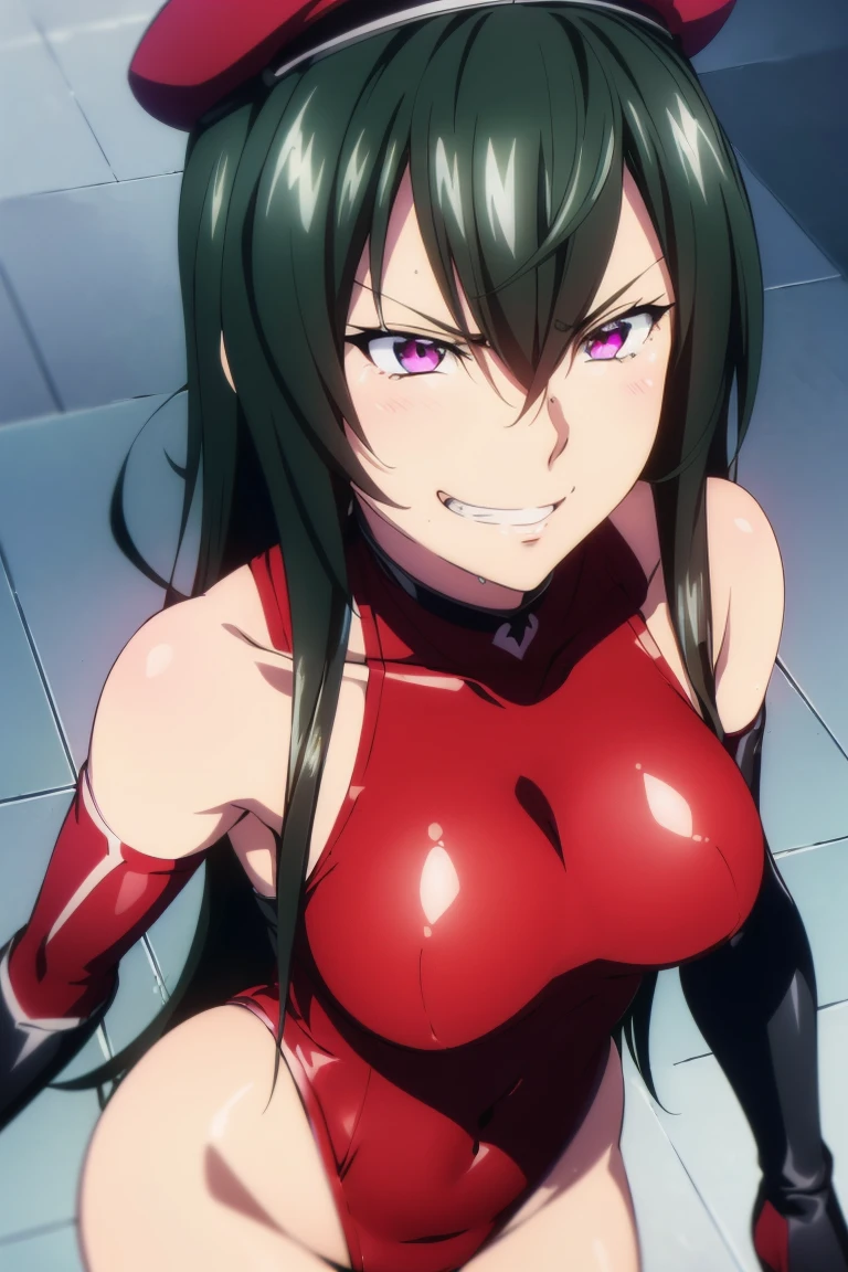 beautiful, masterpiece, ultra detailed, extremely detailed, ultra high res, 8k, beautiful detailed face, anime screencap, heart shaped face woman, (black hair:1.2), long hair, hair between eyes, large breasts, fearless face, sharp face, slant eyes, cat eyes, 170cm tall, adult, perfect proportion, (((black high-leg leotard))), (((bare shoulder))), cleavage, (((thigh boots))), choker, (((military cap))), anime style, extremely ultra detailed beautiful face and eyes, front view, raw phot, incredibly absurdres, Beautiful portrait of cute anime girls, super fine illustration, full-hd, hdr, best aesthetic, distinct, exquisite, masterwork, by famous artist, highers, (((perfect anatomy))), mocking, (((rape face))), (((evil grin))), intense eyes, sadistic, gleaming skin, oil skin, slut face, full-face blush, smirking, mischievous grin, furrowed mouth, both legs, pouty lips, downturned corners, rosy hue, grin widely, cheeky smirk, (((bad-tempered glare))), gloating, crazy smile, scary face, cruel smile, fang, connected teeth,, (((elbow gloves))), (((big connected teeth)), glare, grimace, smirk, (((scowling face))), smile broadly, symmetrical eyes, even eyes, perfect eyes, (((squinting eyes))), deep detailed eyes, shiny clothes, 1girl, solo, smug, smile grimly, (((dimpled smile))), pink eyes, (((upper body shot and standing))), (((laugh))), (((pleasure face))), (((brutality face))), (((scary face))), (((fang))), super detailed skin, official art, production art, top quality, high quality, amazing quality, finely quality, fantastic, professional quality, perfect hands, perfect arms, both arms, two arms, both hands, two hands, cleavage cutout, bare collarbone, shiny hair, anime best girl, cel anime, (((upper body shot))),