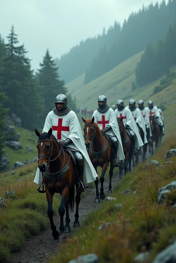 An ultra-realistic, 4K image of Templar knights on horseback, marching in a solemn pilgrimage through a rugged medieval landscape. The knights, clad in white tunics with red crosses, move steadily under a light rain, with the atmosphere somber and reflective. The scene captures their determined journey across rolling hills towards a distant horizon.