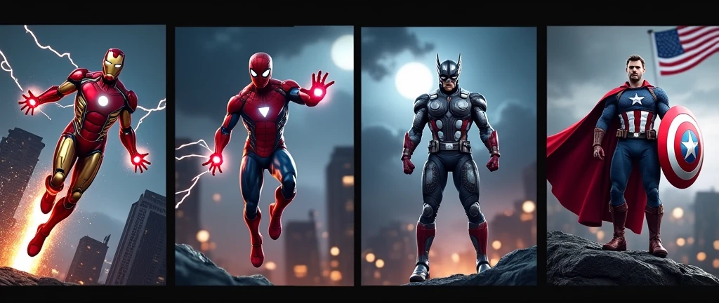 # **1. For Iron Man**
- **lasts**: red and gold, with a glowing arc reactor on his chest. Its oval body is fitted with a metal frame with defined segments..
- **Posture**: Floating in the air with hands (or its sides) extended downwards, as if taking off or preparing to fly.
- **Details**: Add energy flashes around the reactor and hands.

### **2. For Spider-Man**
- **lasts**: Red and blue, with a black spider web pattern on the red part of the body. The large white eyes on the head.
- **Posture**: Swinging on a spider web, with one leg bent and the other extended, as if it were moving.
- **Details**: Draw spider webs coming out of the sides of his body and a background with city buildings.

### **3. For Thor**
- **lasts**: Silver and black with a red cape. A helmet with small wings on the head.
- **hammer**: Holding the Mjolnir (the hammer) that emits rays of light.
- **Posture**: standing, con the hammer levantado hacia el cielo, as if he were summoning lightning.
- **Details**: Add lightning effects and dark clouds to the background.

### **4. Pou Captain America**
- **lasts**: blue, Red and white, with a white star on the chest and red and white stripes on the abdomen.
- **shield**: Holding a round shield with the star and colors of Captain America.
- **Posture**: In defense position, with the shield in front, as if he were protecting himself.
- **Details**: Draw a background with an American flag waving in the distance.

### **Common Scenography**
- **bottom**: You can use an urban setting, with skyscrapers and a night illuminated by the light of the moon and some stars. Different Pou can be in different positions of the fund, some in the air (como For Iron Man y For Spider-Man) and others on the ground (como For Thor y Pou Captain America).
- **Light effects**: Play with light and shadow so that each Pou has its own glow.