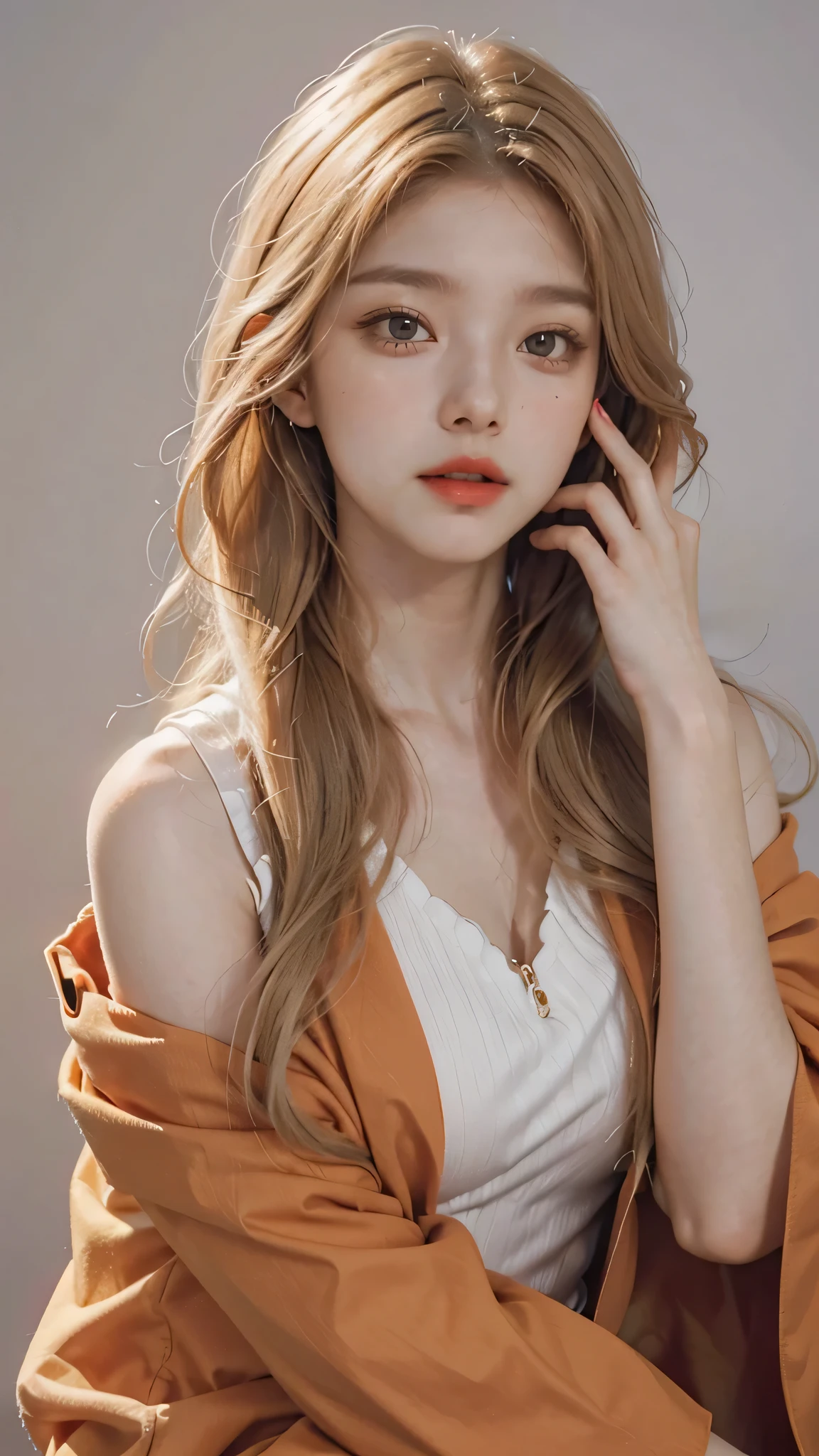 Girl wearing, luxury orange coat, shoulder length hair, wavy hair, glowing skin, star in eye, red lips, grey background, cute poses , upper body, light blonde hair.