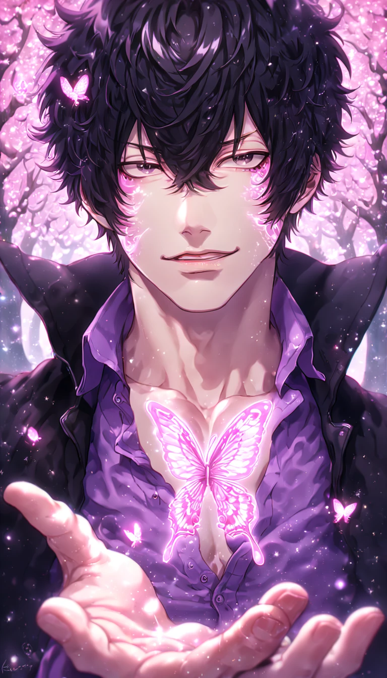 absurdres, highres, ultra detailed, HDR, master piece, best quality, extremely detailed, detailed face, detailed eyes, Hibari Kyouya, black hair, expressive gray eyes, Katekyo Hitman Reborn!, solo, sexy man, manly man, adult face, mature man, handsome, black jacket, purple shirt, unbuttoned shirt, under a pink tree, fantasy, magical, glittering fireflies, pink butterflies, pink flames, magic, pink leaves