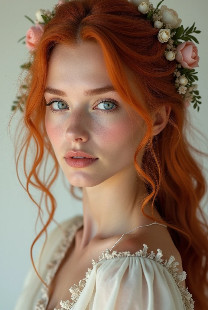Stunning slim woman, white, voluminous, loose wavy hair, redheadwear , blue eyes and thin

