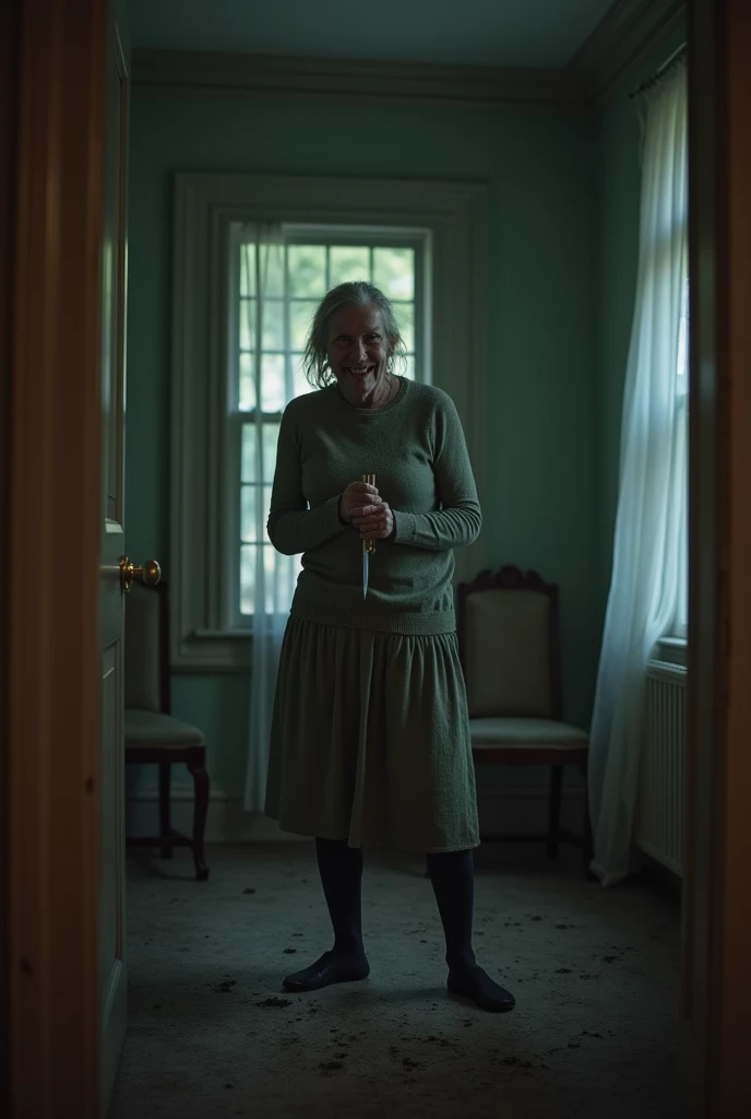 Room in abandoned house, perspective from inside the room, old killer with a smile and a knife in her hands, apparently possessed by spirits