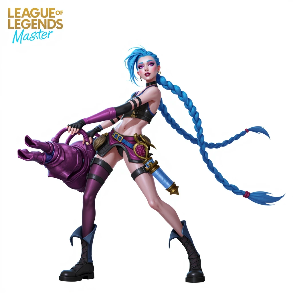 A (((full-body))), ((ultra-detailed)), ((masterpiece)) fantasy art ((illustration)) of (((Jinx))), a ((League of Legends)) character, in the style of the video game. She is a beautiful, young, female (((human))) with long, braided blue hair and violet eyes. She has exquisite caucasian features and ((very pale)) ((milky-white skin)). She has a ((very slim body)), with a tiny waist and ((skinny limbs)), but her ((breasts are enormous and round)), and they look far too big for her slender little body.  She is wearing a very skimpy outfit, revealing ((massive cleavage)), exposing her midriff, and leaving her ((very thin thighs)) completely bare. Her porcelain skin is shiny with a ((sheen of sweat)).  She is on standing in a provocative pose that shows off her ((skinny thighs)) and ((huge breasts)) as well as her bare feet. Her (((whole body from head to toe))) is shown.