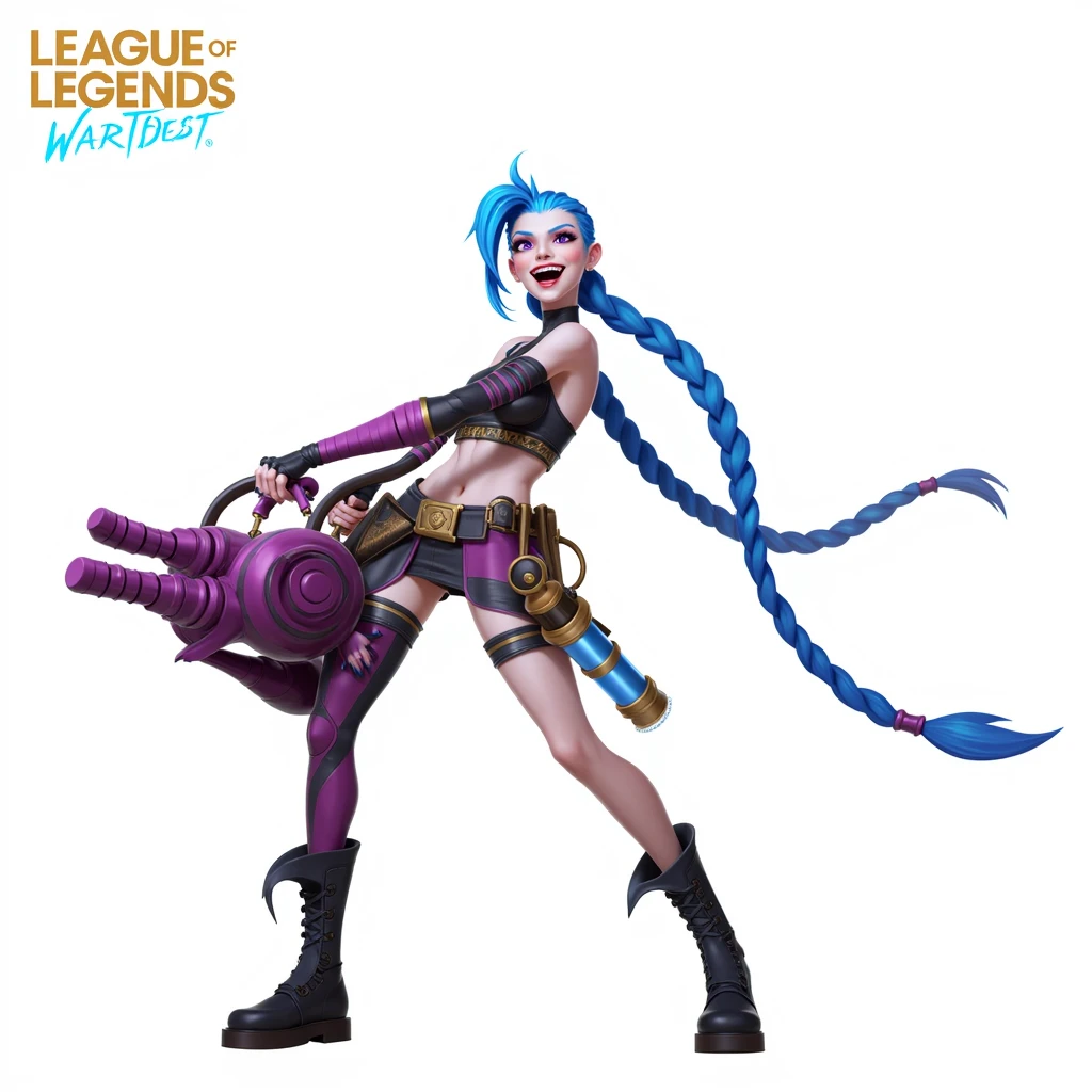 A (((full-body))), ((ultra-detailed)), ((masterpiece)) fantasy art ((illustration)) of (((Jinx))), a ((League of Legends)) character, in the style of the video game. She is a beautiful, young, female (((human))) with long, braided blue hair and violet eyes. She has exquisite caucasian features and ((very pale)) ((milky-white skin)). She has a ((very slim body)), with a tiny waist and ((skinny limbs)), but her ((breasts are enormous and round)), and they look far too big for her slender little body. She is wearing a very skimpy outfit, revealing ((massive cleavage)), exposing her midriff, and leaving her ((very thin thighs)) completely bare. Her porcelain skin is shiny with a ((sheen of sweat)). She is on standing in a provocative pose that shows off her ((skinny thighs)) and ((huge breasts)) as well as her bare feet. Her (((whole body from head to toe))) is shown.