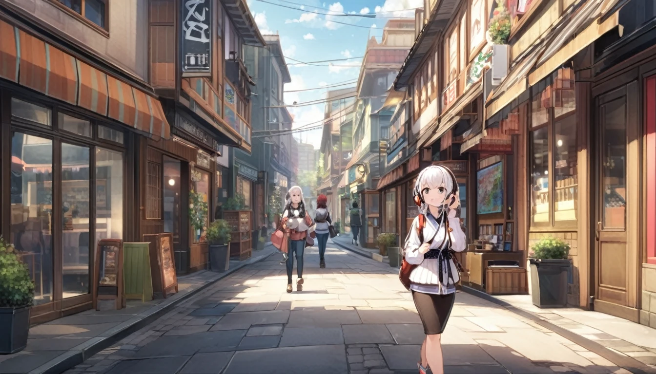Anime Town(Akihabara)A woman with white hair and cute clothes taking a walk,Streetscape、Listening to music with headphones、Japanese