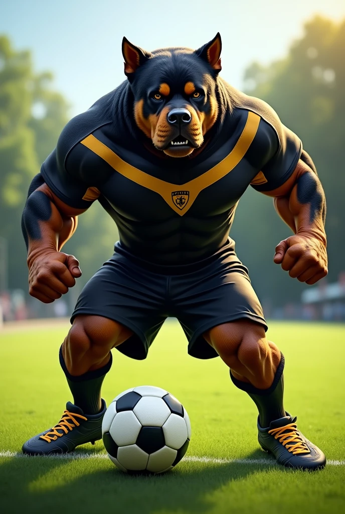 A muscular Rottweiler with soccer cleats as a mascot for a soccer team in a black and gold uniform with a ball at its feet 
