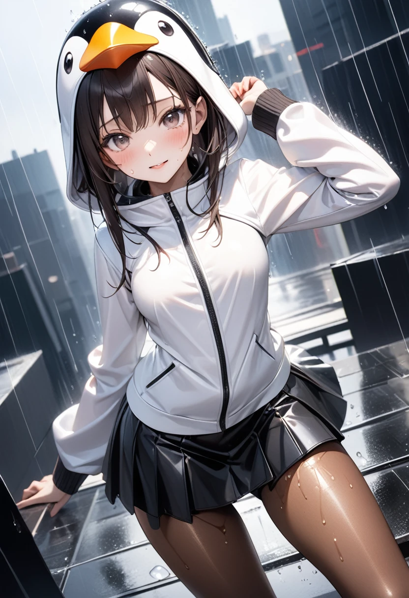 (((Black and white penguin costume, Leather panties, skirt, Pantyhose, Stiletto heels, Penguin hat))), ((Shiny Costumes)), skindentation, skinny, solo, 1 woman, Masterpiece, highest quality, highest quality, 16K, incredibly absurd, highly detailed, 2.5D, ai-generated, delicate and dynamic, very delicate facial expressions, delicate eye depiction, erotic, only sexy woman, ((A cute and kind face)), healthy figure, ((1 woman)), 160cm tall, medium firm swaying bust, Dark Hair, blush, Sweat,Embarrassed,sexy, ((thin thighs)), shiny and lustrous, facing straight at viewer, (((in heat))), ((Oily_skin)), ((Lots of sweat)), (((Brown Skin))), ((dutch angle)), ((erotic pose)), (((Dynamic Pose))), ((Heavy rain is falling, I'm standing on the roof of a building, soaking wet, in the rain)),