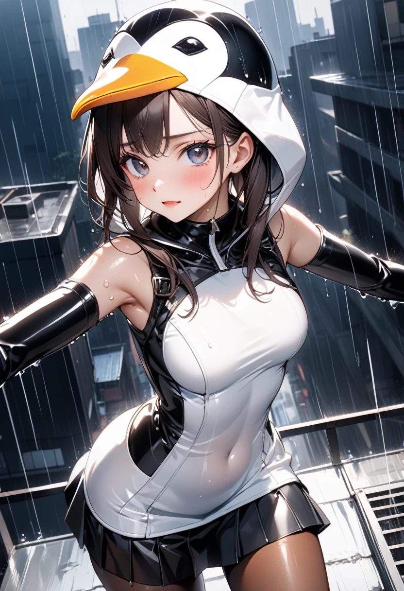 (((Black and white penguin costume, Leather panties, skirt, Pantyhose, Stiletto heels, Penguin hat))), ((Shiny Costumes)), skindentation, skinny, solo, 1 woman, Masterpiece, highest quality, highest quality, 16K, incredibly absurd, highly detailed, 2.5D, ai-generated, delicate and dynamic, very delicate facial expressions, delicate eye depiction, erotic, only sexy woman, ((A cute and kind face)), healthy figure, ((1 woman)), 160cm tall, medium firm swaying bust, Dark Hair, blush, Sweat,Embarrassed,sexy, ((thin thighs)), shiny and lustrous, facing straight at viewer, (((in heat))), ((Oily_skin)), ((Lots of sweat)), (((Brown Skin))), ((dutch angle)), ((erotic pose)), (((Dynamic Pose))), ((Heavy rain is falling, I'm standing on the roof of a building, soaking wet, in the rain)),