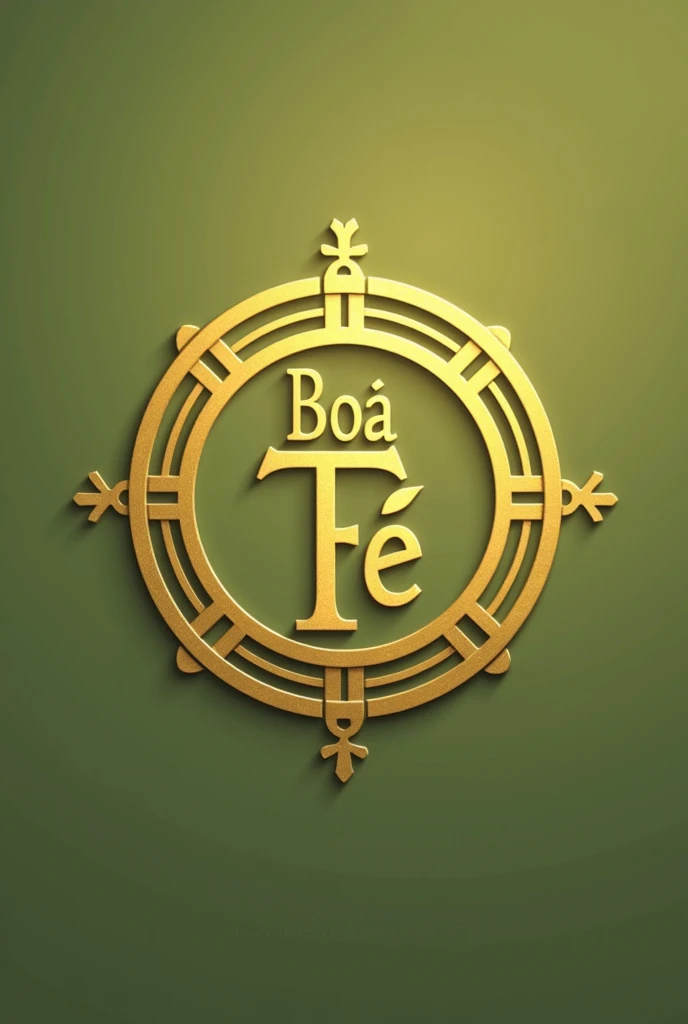 An art for an evangelical flag in olive green color, with a simple round golden coat of arms with the name good faith in Portuguese and a symbol of a seed.