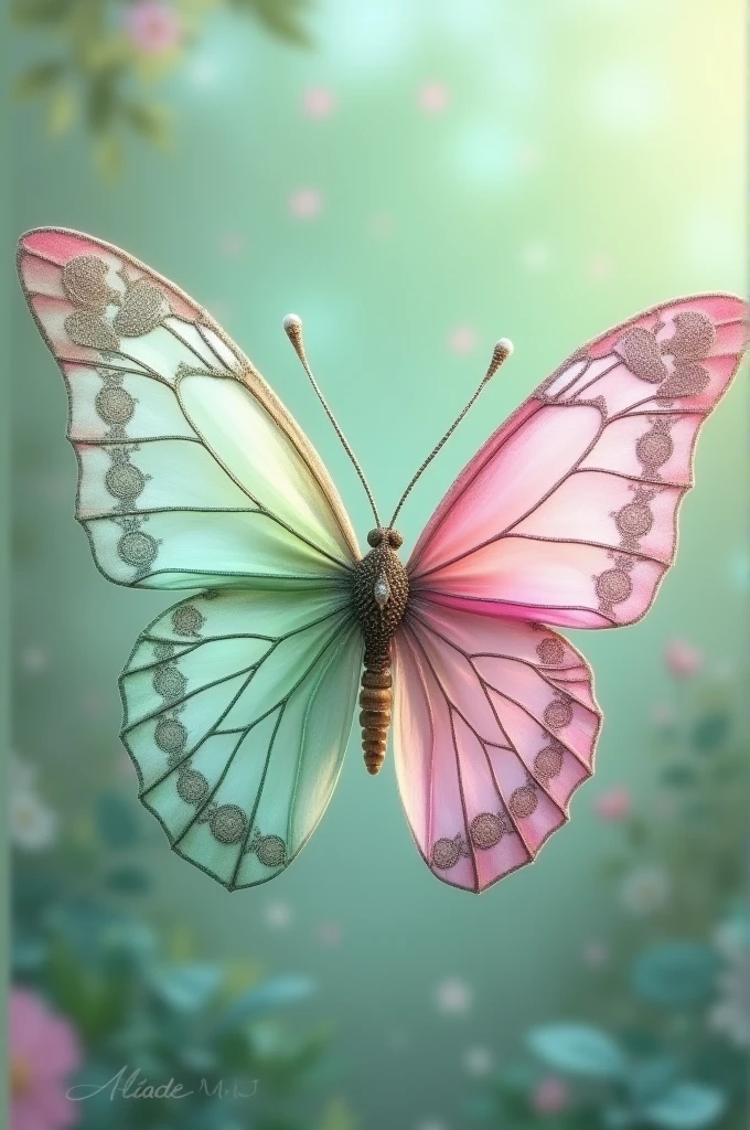 Half pastel pink and pastel green butterfly with silver details