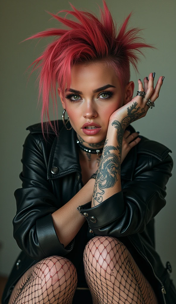 photo RAW, A punkgirl by best tradition artgerm, their vibrant spiky hair and bold piercings conveying a sense of defiance and attitude. Perfect composition art by Yoji Shinkawa. The torn fishnet stockings and leather jacket further emphasize their rebellious nature future streetwear design. This image, whether a painting or photograph, captures the minimalistic essence of rebellion in exquisite detail. hands and neck with Multiple tattoos painting by Katsushika Hokusai's. The colors are vivid, the textures sharp, and the expression fierce. The lighting creates a chiaroscuro effect, accentuating her expressive pose and the intense atmosphere. cinematic, trending on artstation, perfect eyes. awesome full color, hand drawn, stylized digital art, smooth, ultra high definition, 8k, unreal engine 5,