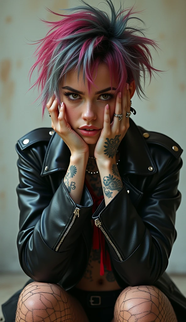photo RAW, A punkgirl by best tradition artgerm, their vibrant spiky hair and bold piercings conveying a sense of defiance and attitude. Perfect composition art by Yoji Shinkawa. The torn fishnet stockings and leather jacket further emphasize their rebellious nature future streetwear design. This image, whether a painting or photograph, captures the minimalistic essence of rebellion in exquisite detail. hands and neck with Multiple tattoos painting by Katsushika Hokusai's. The colors are vivid, the textures sharp, and the expression fierce. The lighting creates a chiaroscuro effect, accentuating her expressive pose and the intense atmosphere. cinematic, trending on artstation, perfect eyes. awesome full color, hand drawn, stylized digital art, smooth, ultra high definition, 8k, unreal engine 5,