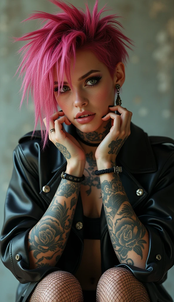 photo RAW, A punkgirl by best tradition artgerm, their vibrant spiky hair and bold piercings conveying a sense of defiance and attitude. Perfect composition art by Yoji Shinkawa. The torn fishnet stockings and leather jacket further emphasize their rebellious nature future streetwear design. This image, whether a painting or photograph, captures the minimalistic essence of rebellion in exquisite detail. hands and neck with Multiple tattoos painting by Katsushika Hokusai's. The colors are vivid, the textures sharp, and the expression fierce. The lighting creates a chiaroscuro effect, accentuating her expressive pose and the intense atmosphere. cinematic, trending on artstation, perfect eyes. awesome full color, hand drawn, stylized digital art, smooth, ultra high definition, 8k, unreal engine 5,