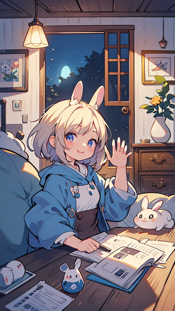 Cute cute little bunny waving and smiling greeting me, Unreal Engine, cozy interior lighting, detailed digital painting, film, character design by Mark Redden and Pixar and Hayao Miyazaki, Unreal 5, daz, surrealism, octane rendering, 3DMDT1