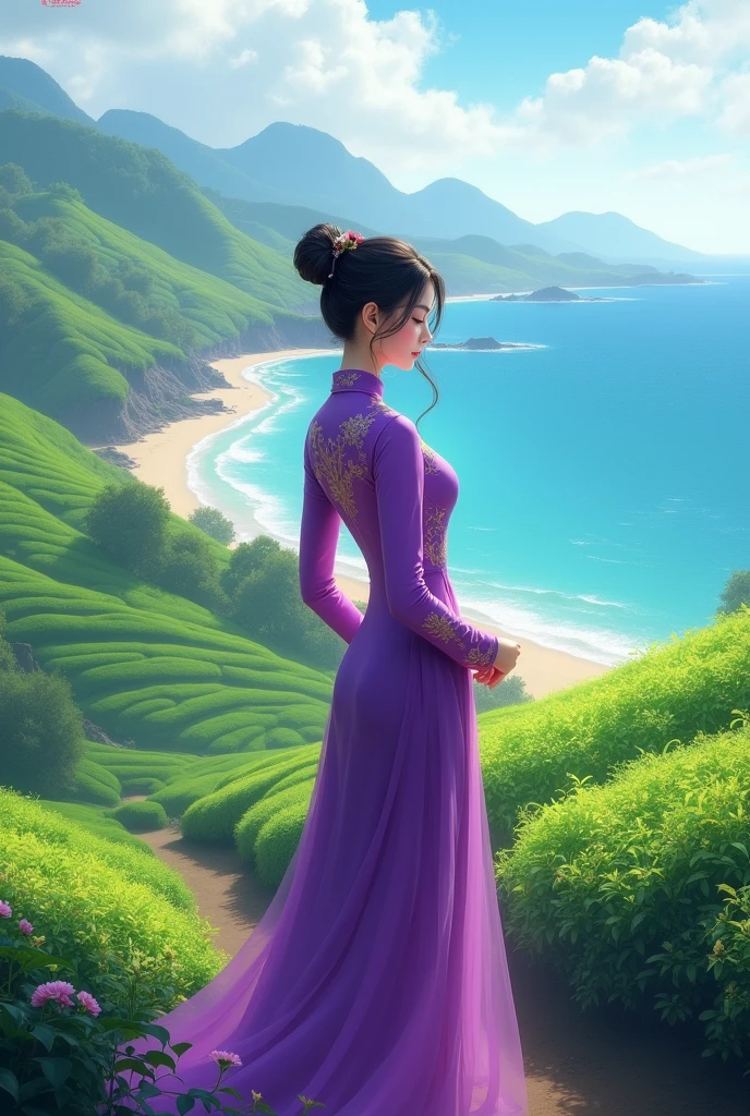 Purple Vietnamese Ao Dai, Tea hill theme by the sea