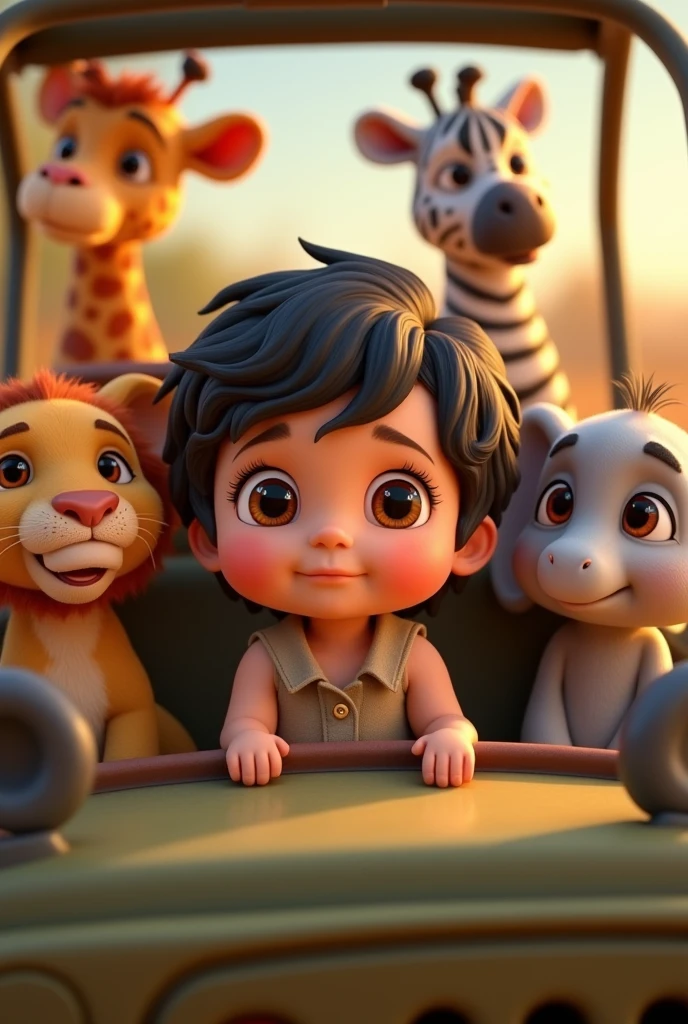 Eight-month-old baby girl dressed in safari dress with short black wavy hair and big eyelashes and round dark eyes and full mouth in a jeep with a baby lion and a baby zebra and a baby giraffe and an elephant baby inside the jeep Pixar 3D