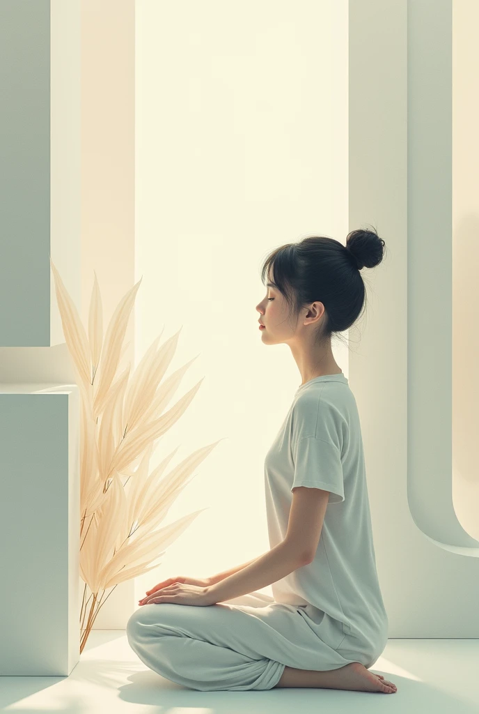 Create an image that shows the emotional comfort of the woman in a very abstract drawing with modules and geometric figures