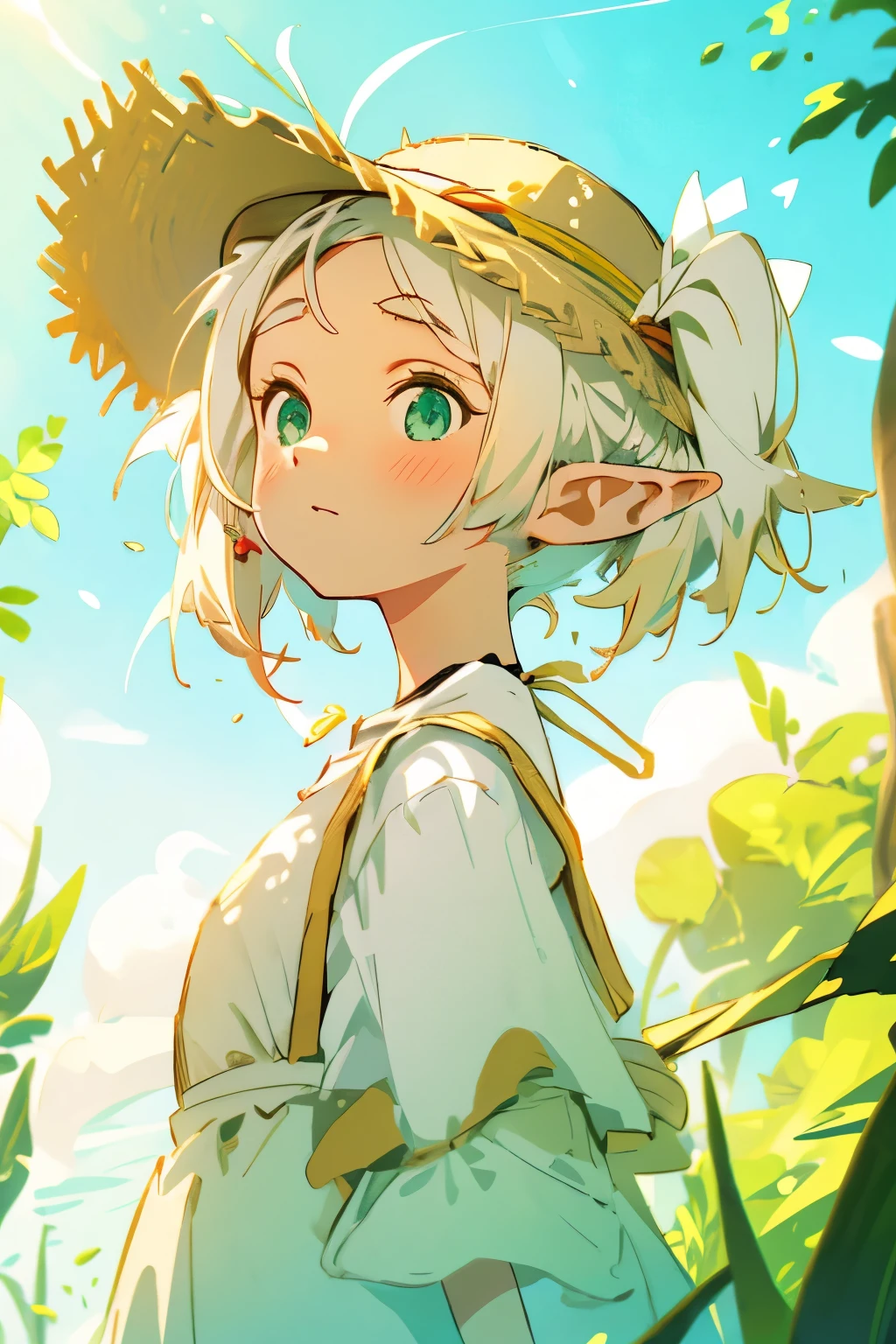 (masterpiece), (best quality), ultra high res, sharp focus, warm pastel tone, ((1 girl, solo)), upper body, side profile shot beautiful detailed hair, ((white hair)), beautiful detailed face, ((beautiful shape eyes, green eyes)), perfect feminine face, head up, looks up, calm face, ((long twintails)), (long hair), ((summer)), ((beach)), ((frieren)), (blushing), (summer dress), (light dress), (sleeveless dress), ((straw hat)), (elf ears), ((calm))