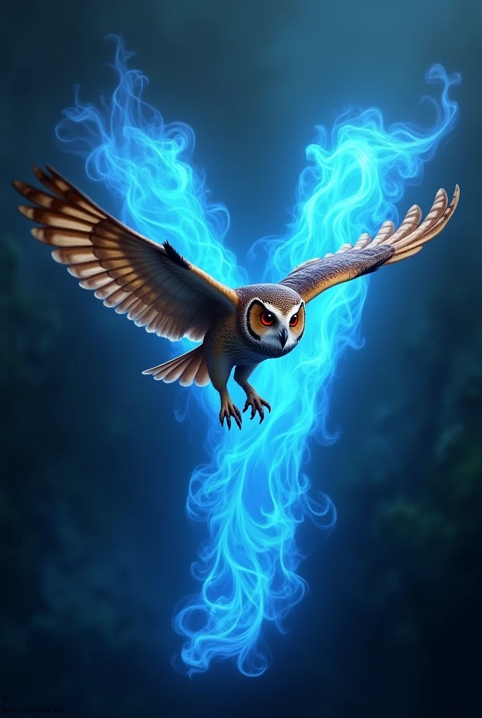 A red-eyed owl, flying over the letter Y of blue fire