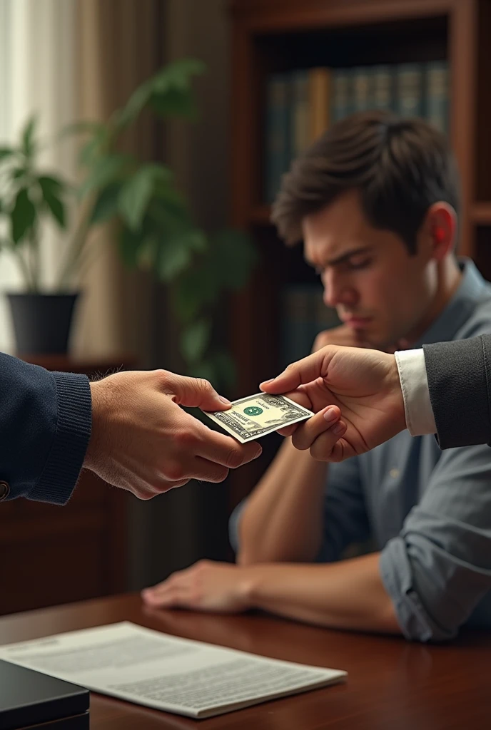 Realistic image of a father&#39;s hands passing money to a mother&#39;s hand. In the background you can see their son., a  with his head down. All in one office environment, a law firm.