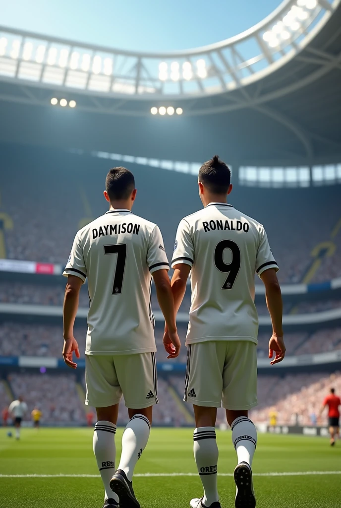 an adult with the real Madrid shirt with the name "daymison" number 7 on his back walking around the stadium and Cristiano Ronaldo with the real Madrid shirt with the name "Ronaldo" with the number 9 on the back walking with daymison