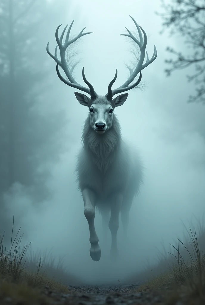 masterpiece、 Highest quality, Highly detailed、8k、 High resolution, A momentary event、A ghostly stag leaps forth、Disappear into mist、