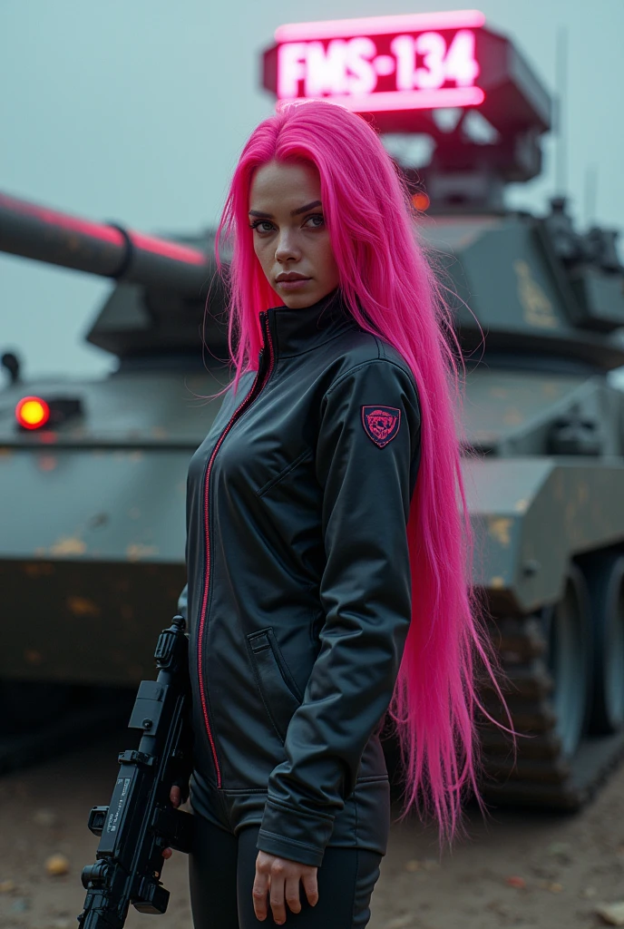A woman with exuberant beauty with long, flowing pink hair. She is wearing a long jumpsuit. Behind her is a large tank with a neon sign that says “FMS-134” artillery woman, shooter, murderer. cyber punk. Woman with a rifle in her hand. high resolution, ultra HD, high qualiy,