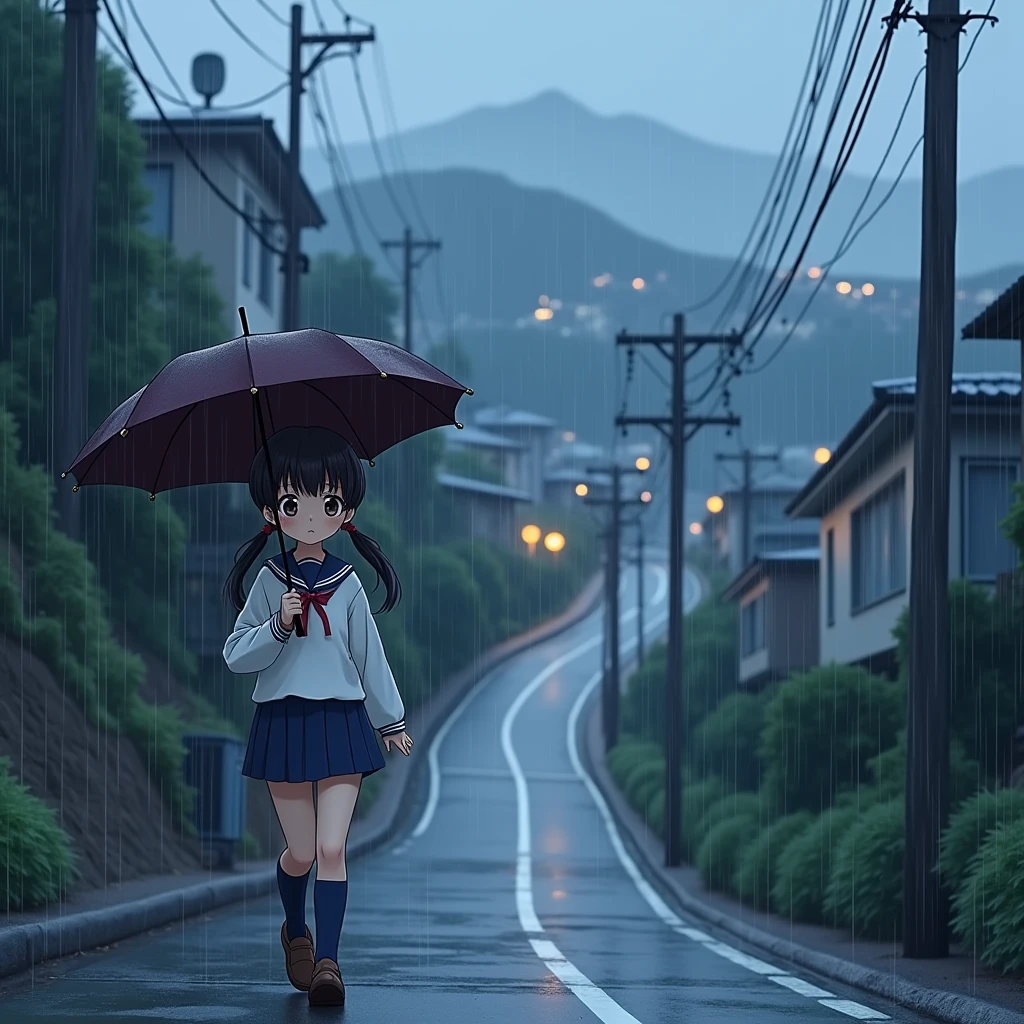 Anime Style, A girl walking down a hill, Walking along the side of the road, Holding an umbrella, Confused expression, Wet with rain,
Steep Slope, Slope 20 degrees, steep hill, very sloped road, very sloping ground,
The girl is wearing a white sailor suit with short sleeves and a navy collar, with a blue ribbon., Wearing a navy blue skirt,
Wearing black high socks, Wearing loafers.
Her hair style is low twin tails, with red ribbons, very long length and black.
Not high twin tails.
Not two-side up.
Open red umbrella, Dark brown school bag,
Late s, Small breasts, Has dark brown eyes.
Wet umbrella,
water, water滴,
waterたまり, Sidewalk, pavement, Japan roads, Hilly Town, building, Apartment, Electric pole, electric wire, Street lamp, City view, Mountain, null,
Very heavy rain, Thick Fog, Outdoor, evening, from front.